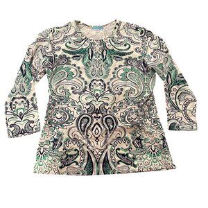 J McLaughlin Women's Paisley Floral Top Size Small 3/4 sleeve green Navy White